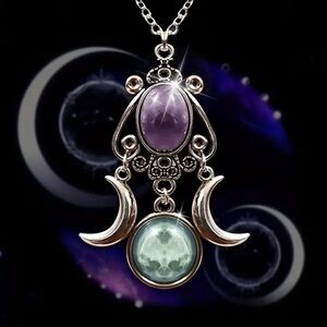 Silver double moon and Purple Pendant Necklace